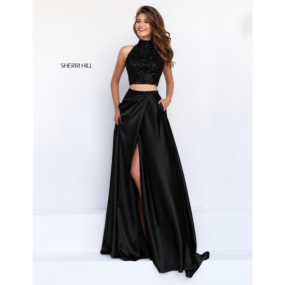 Sherri Hill | Dresses | Nwt Sherri Hill 133 Black Two Piece Halter High Slit Prom Gown Dress Sz 8 498